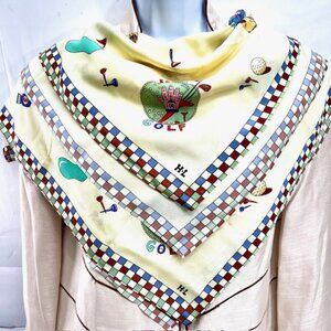 (2) Japanese H L  Furoshiki SILK Scarf 29"x29" light yellow  red blue golf  (38)